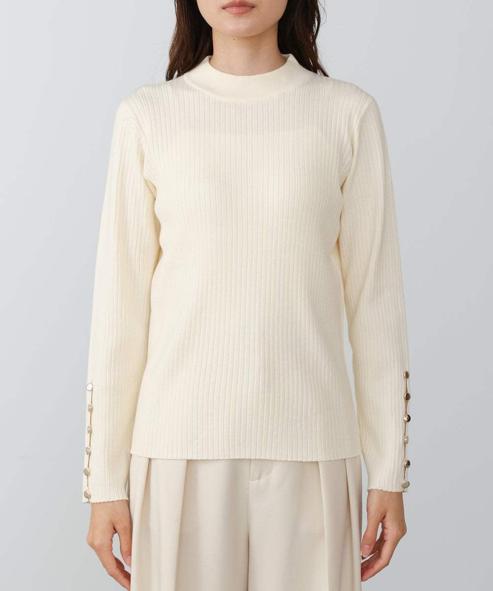 【2026SS】袖ボタンハイネックリブニットトップス