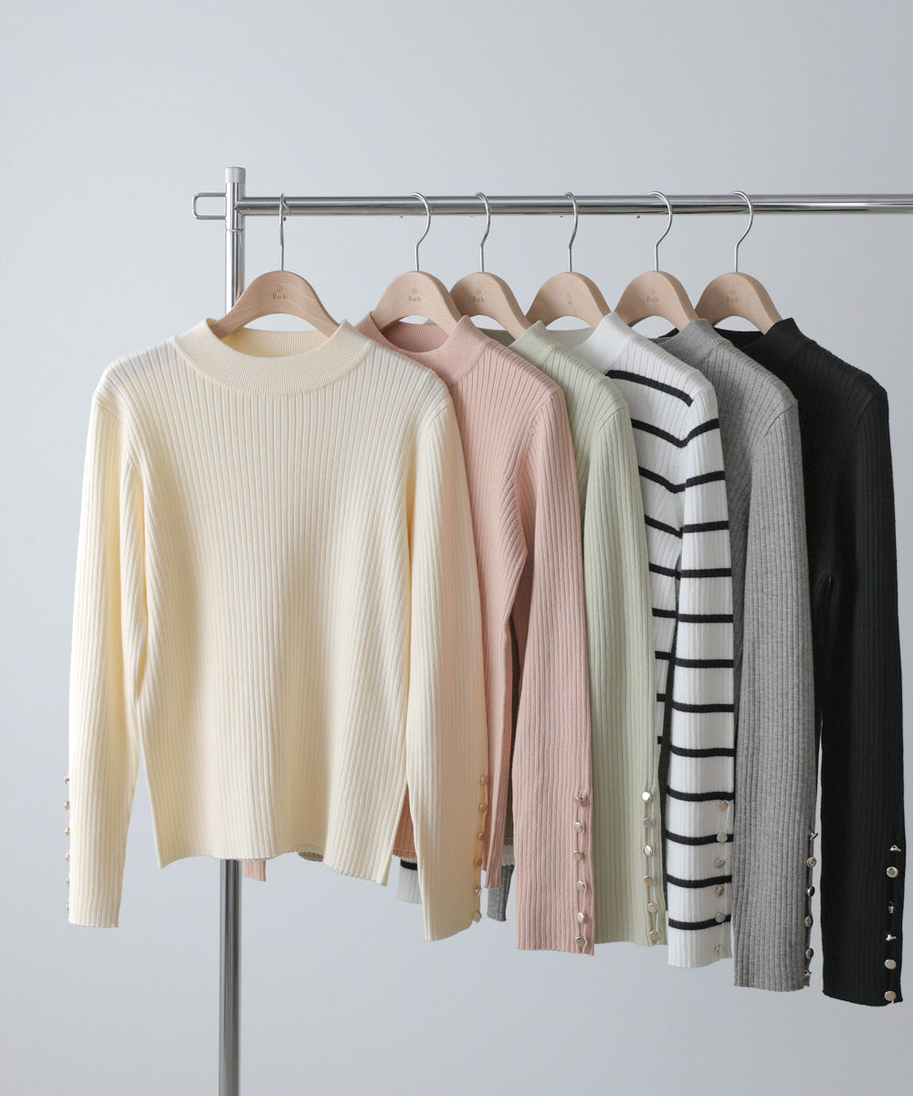 【2026SS】袖ボタンハイネックリブニットトップス