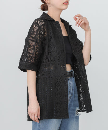 【セットアップ対応】パッチワークレースシャツ