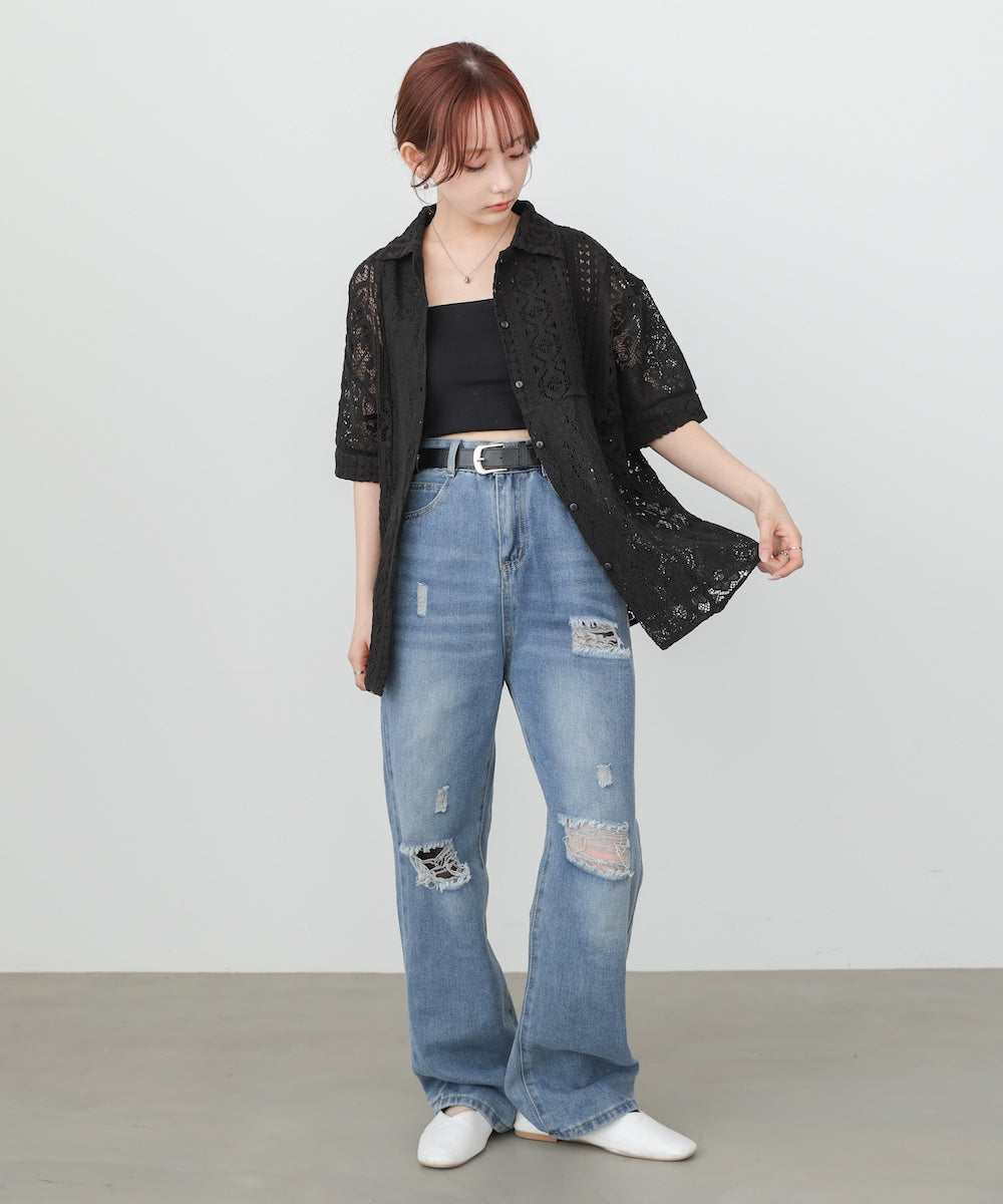 【セットアップ対応】パッチワークレースシャツ