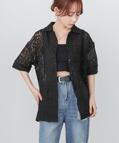【セットアップ対応】パッチワークレースシャツ
