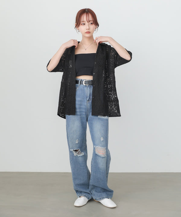 【セットアップ対応】パッチワークレースシャツ