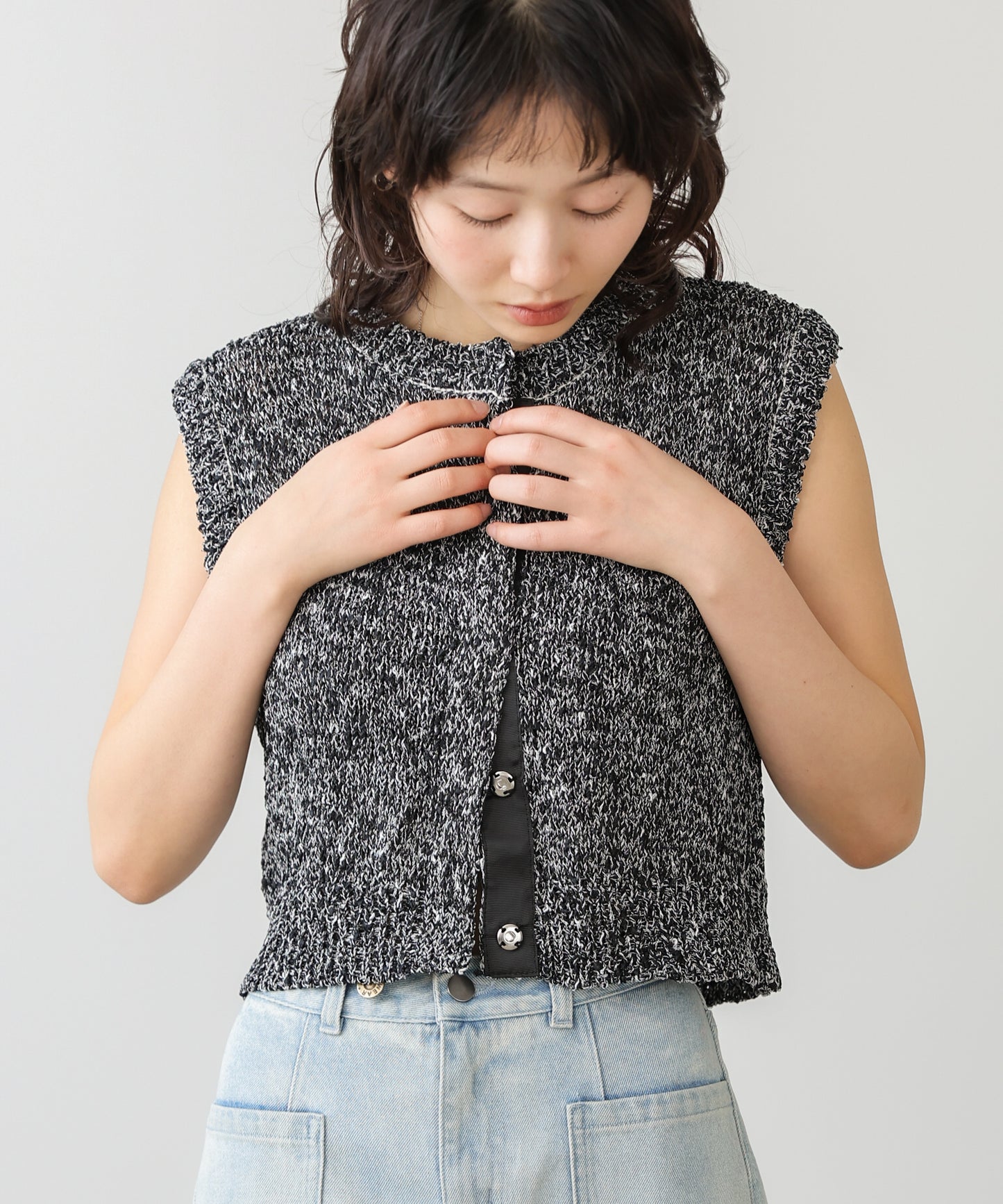 MIX編みラインニットトップス