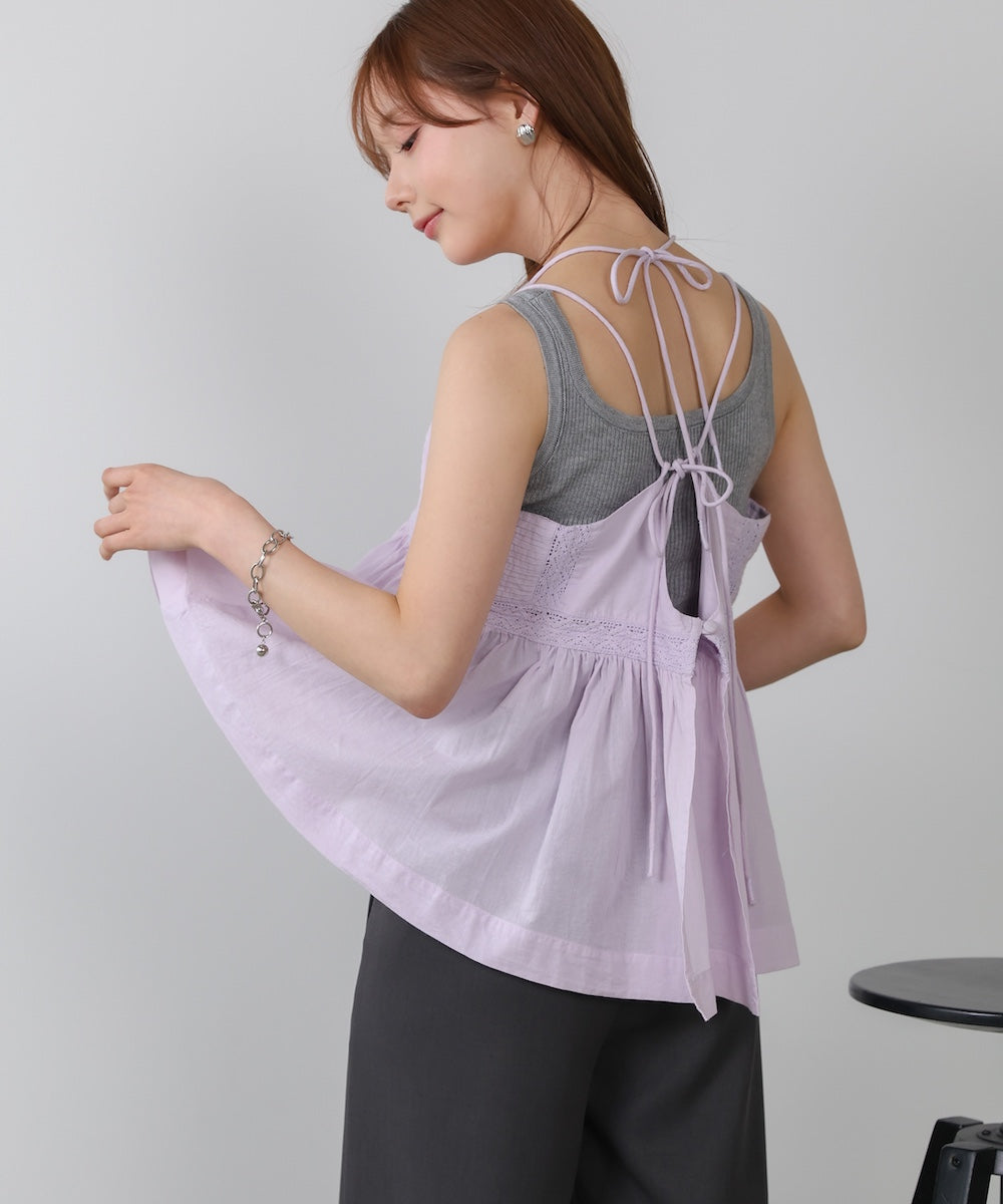 ピンタック刺繍レースキャミトップス