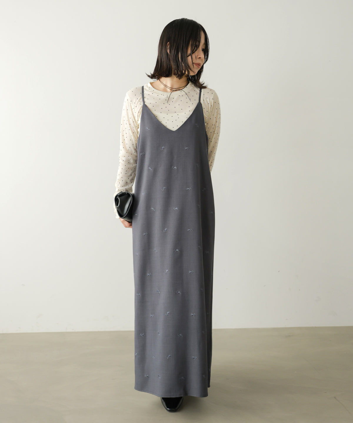 【Dセット】秋のコーデセット【刺繍バックリボンキャミワンピ＆シアードットカットソー】