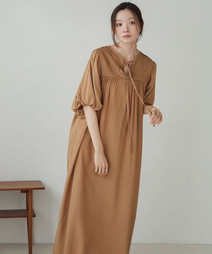 balloon sleeve front ribbon dress