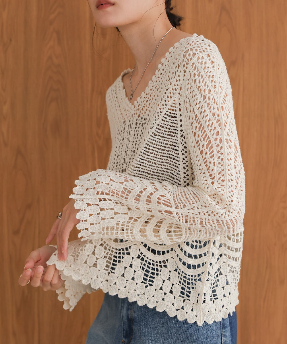 crochet V-neck knit top