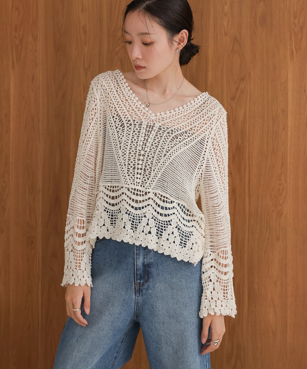 crochet V-neck knit top