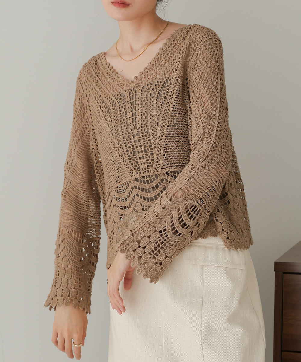 crochet V-neck knit top