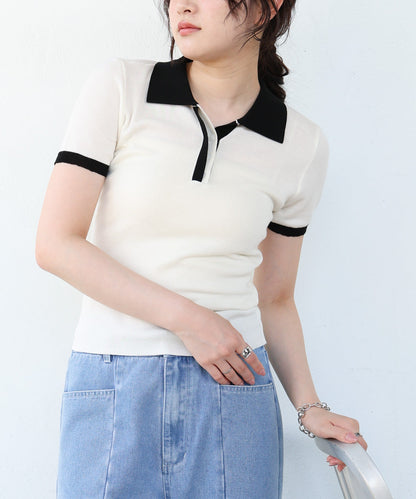 配色ポロ衿ニットプルオーバー