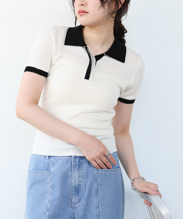 配色ポロ衿ニットプルオーバー