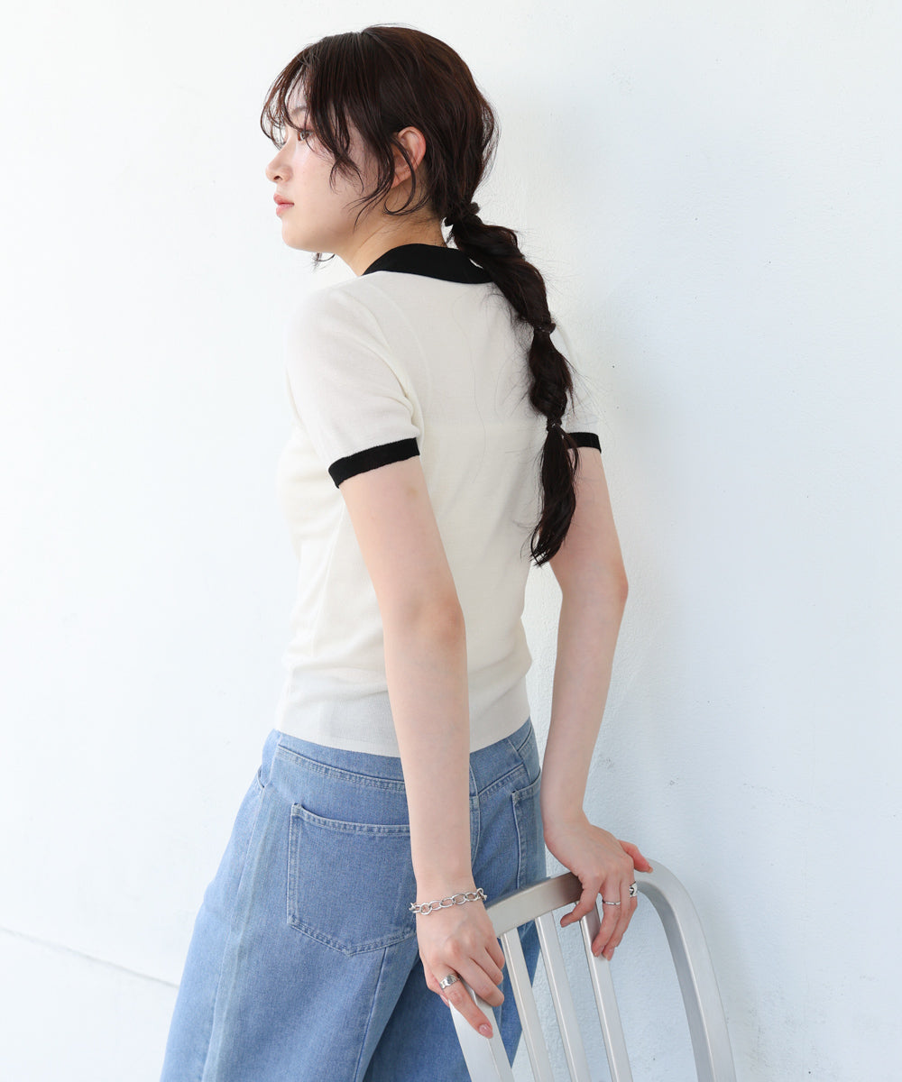 配色ポロ衿ニットプルオーバー