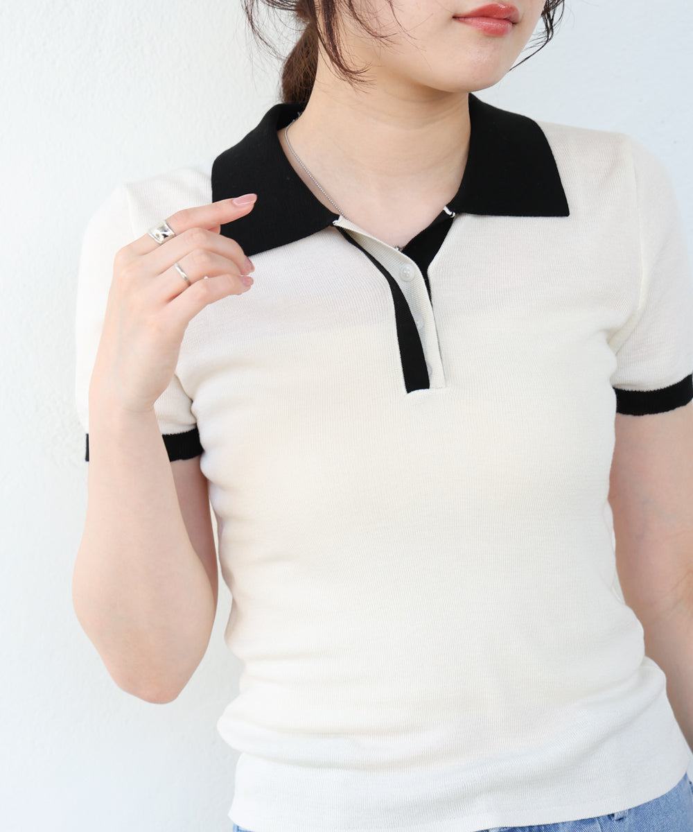 配色ポロ衿ニットプルオーバー