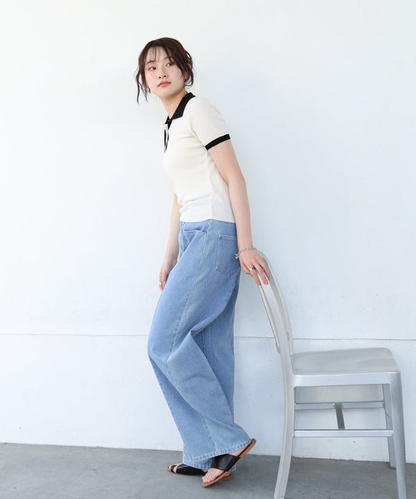 配色ポロ衿ニットプルオーバー