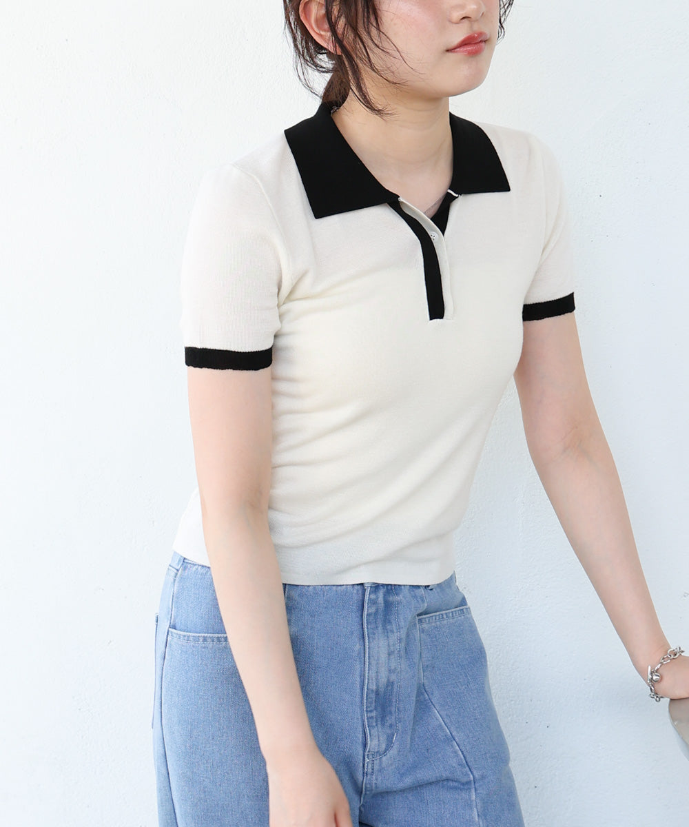 配色ポロ衿ニットプルオーバー