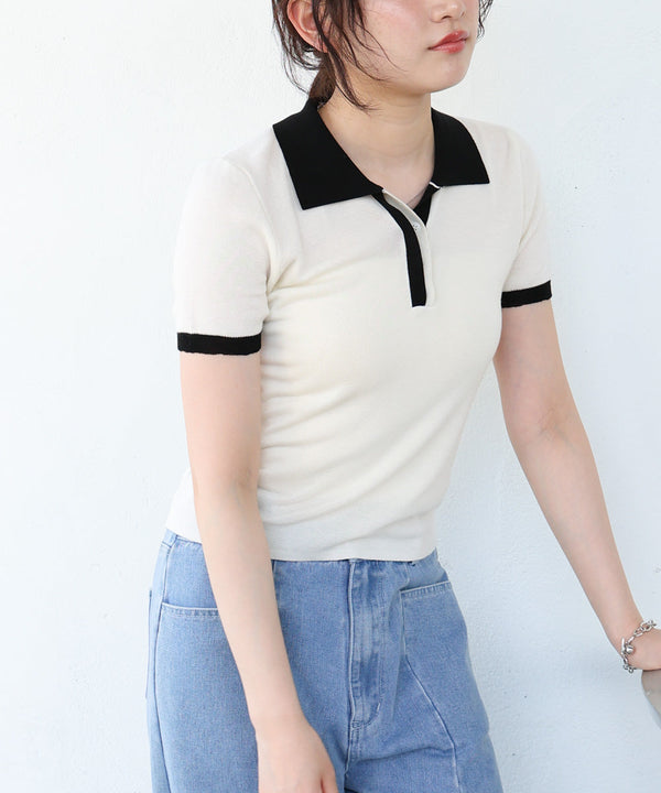 配色ポロ衿ニットプルオーバー