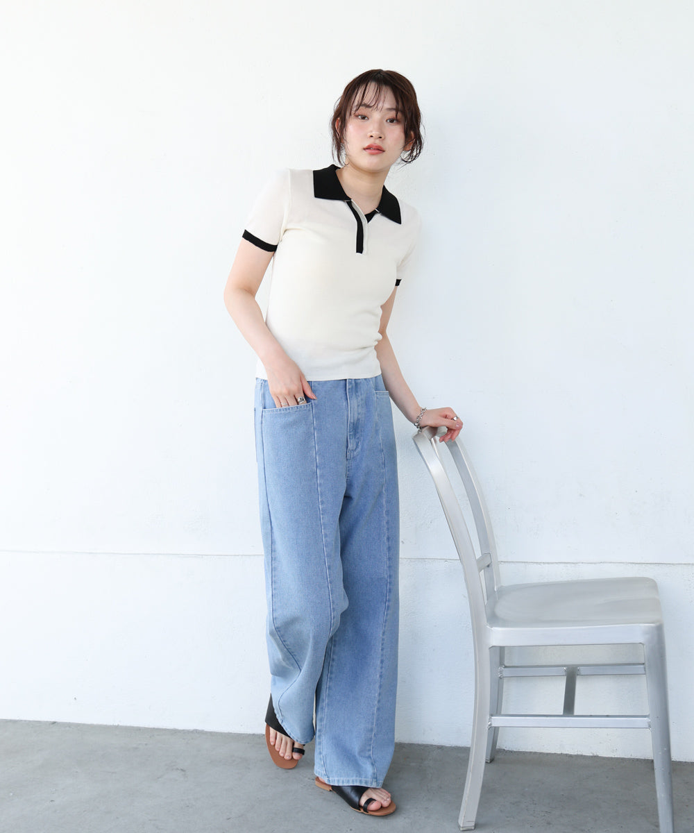 配色ポロ衿ニットプルオーバー