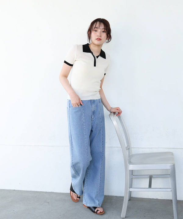 配色ポロ衿ニットプルオーバー