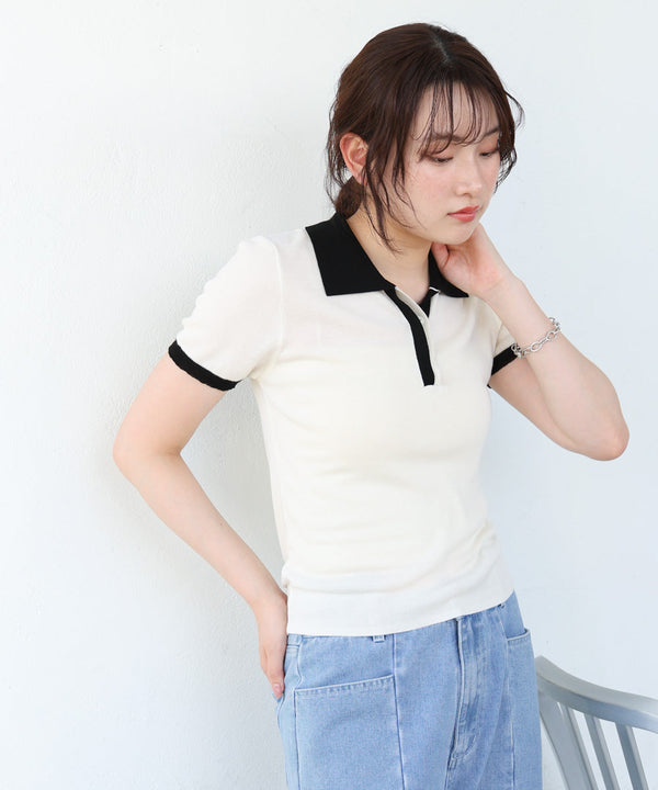 配色ポロ衿ニットプルオーバー