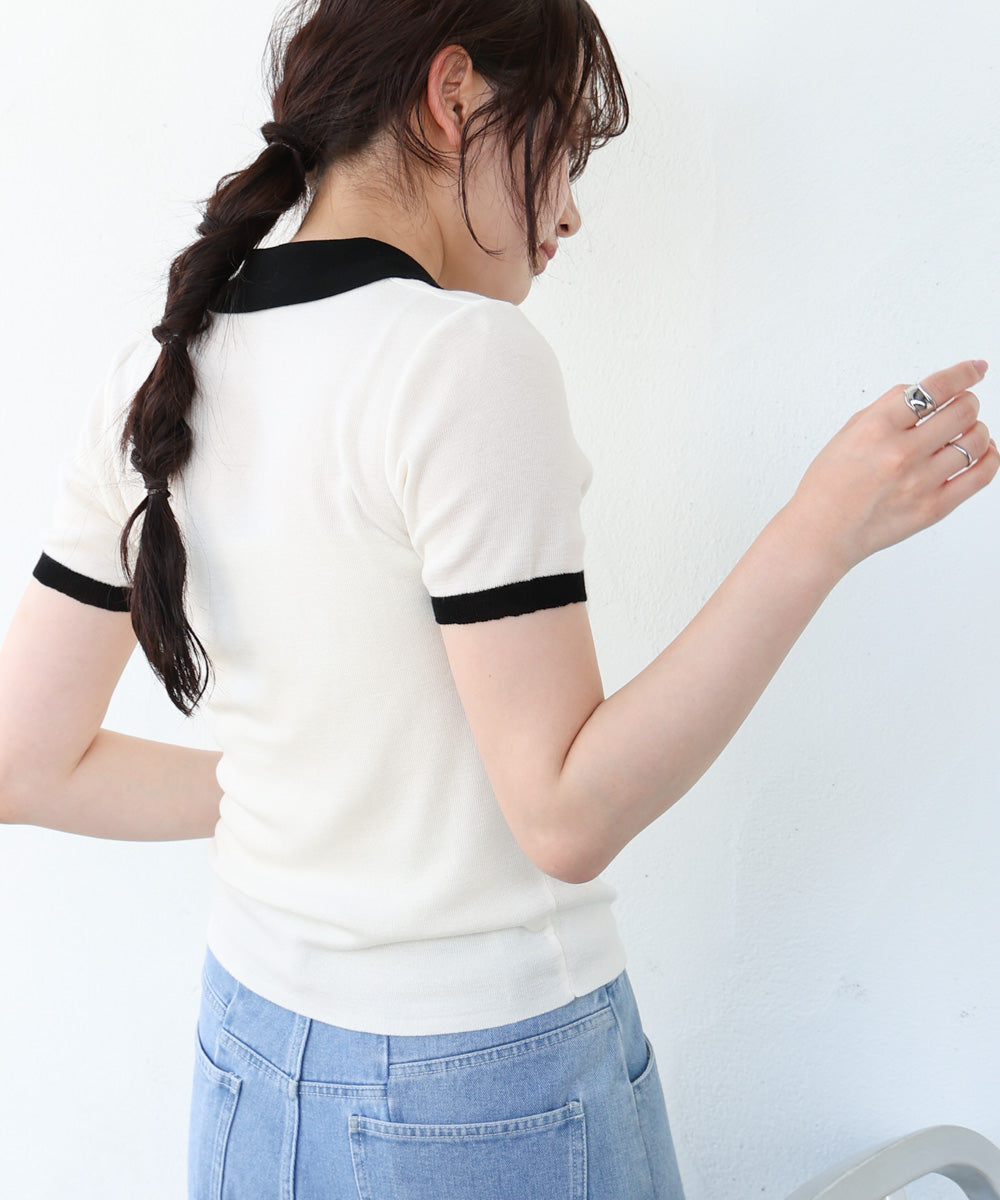 配色ポロ衿ニットプルオーバー