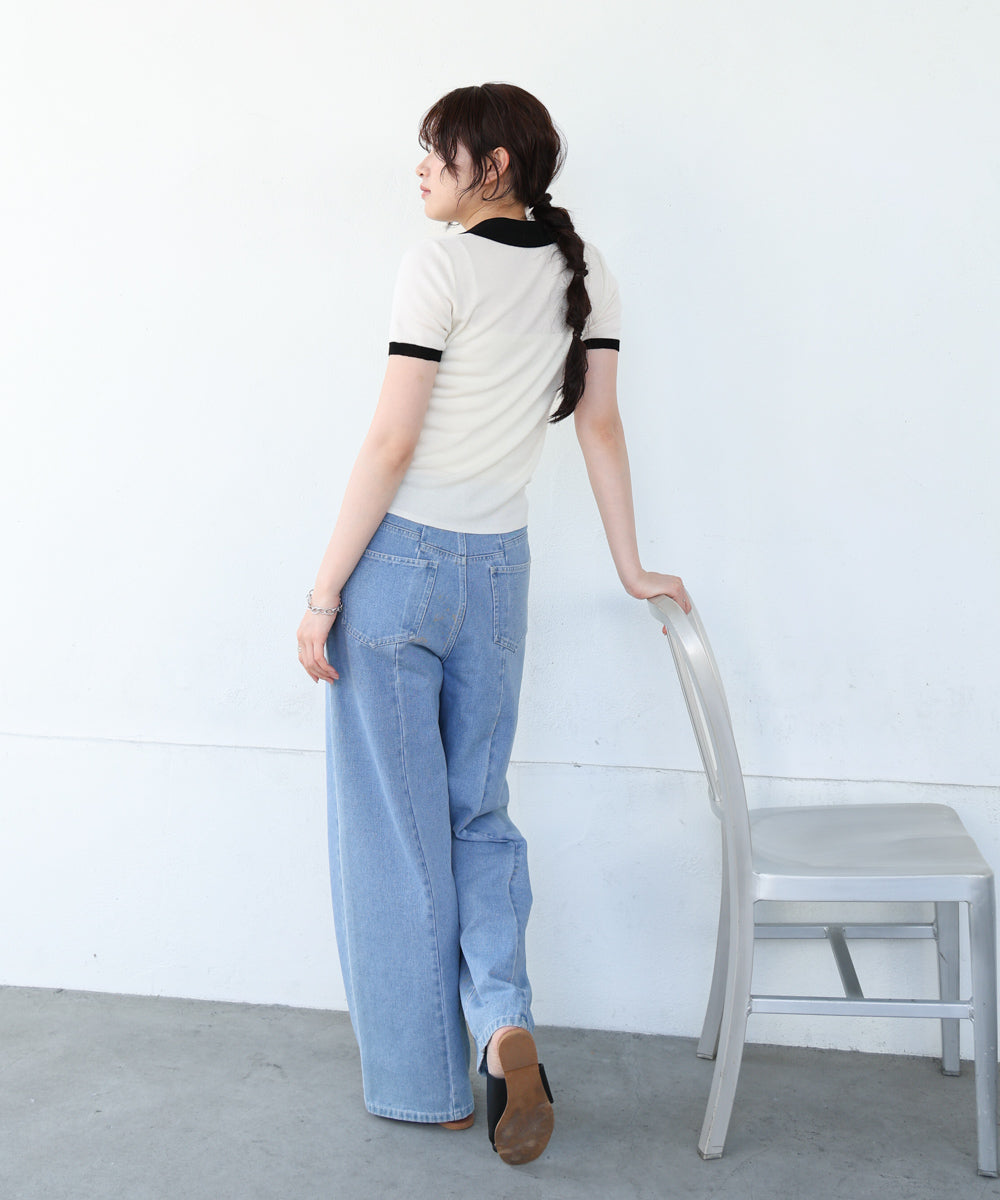 配色ポロ衿ニットプルオーバー