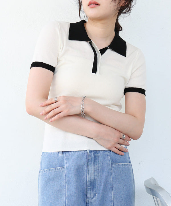 配色ポロ衿ニットプルオーバー