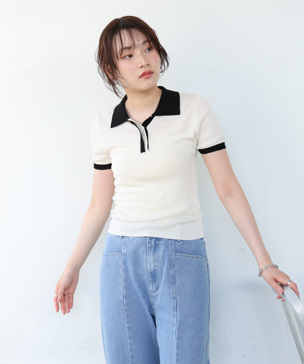 配色ポロ衿ニットプルオーバー