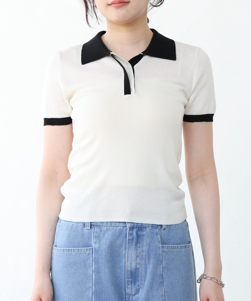 配色ポロ衿ニットプルオーバー