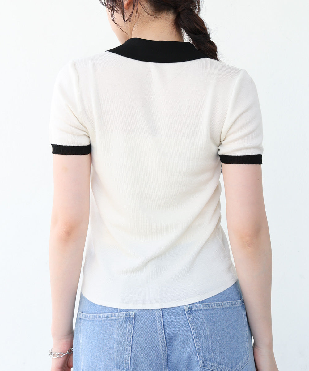 配色ポロ衿ニットプルオーバー