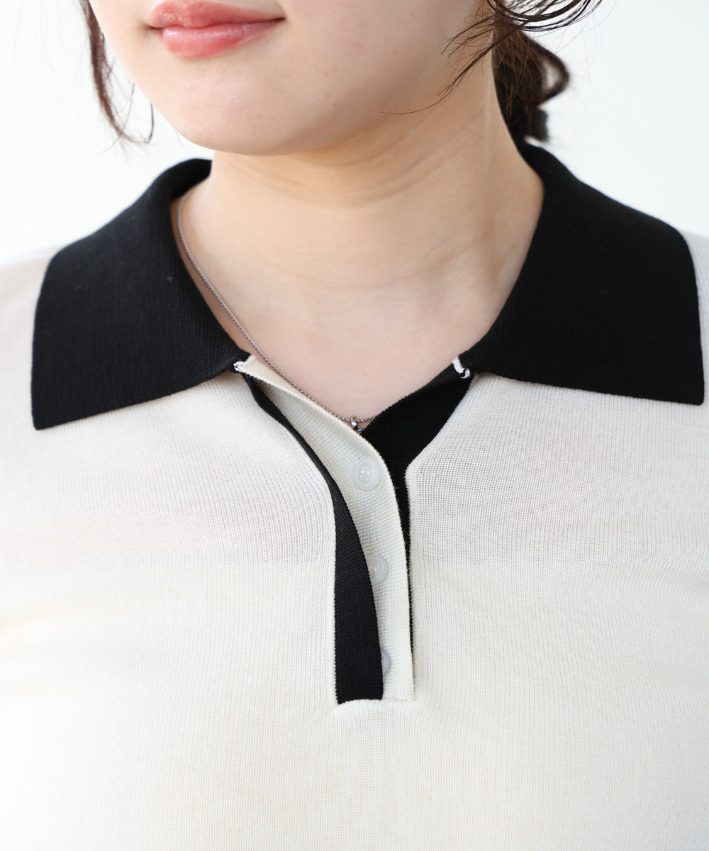 配色ポロ衿ニットプルオーバー