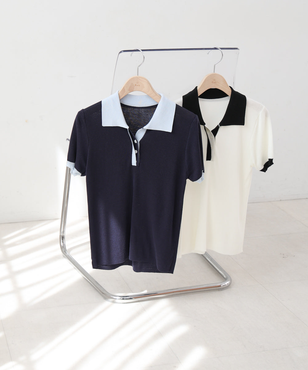 配色ポロ衿ニットプルオーバー