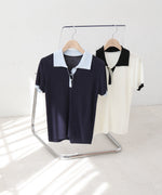 配色ポロ衿ニットプルオーバー