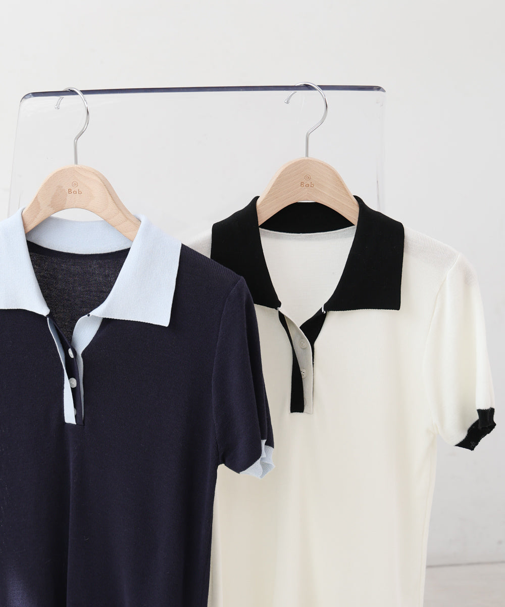 配色ポロ衿ニットプルオーバー