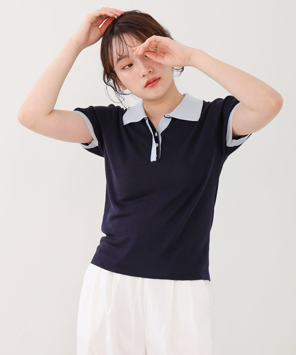 配色ポロ衿ニットプルオーバー