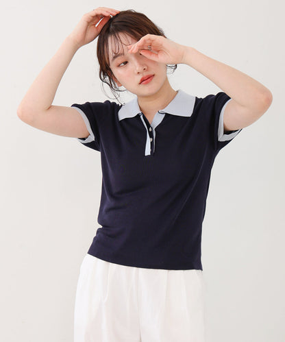 配色ポロ衿ニットプルオーバー