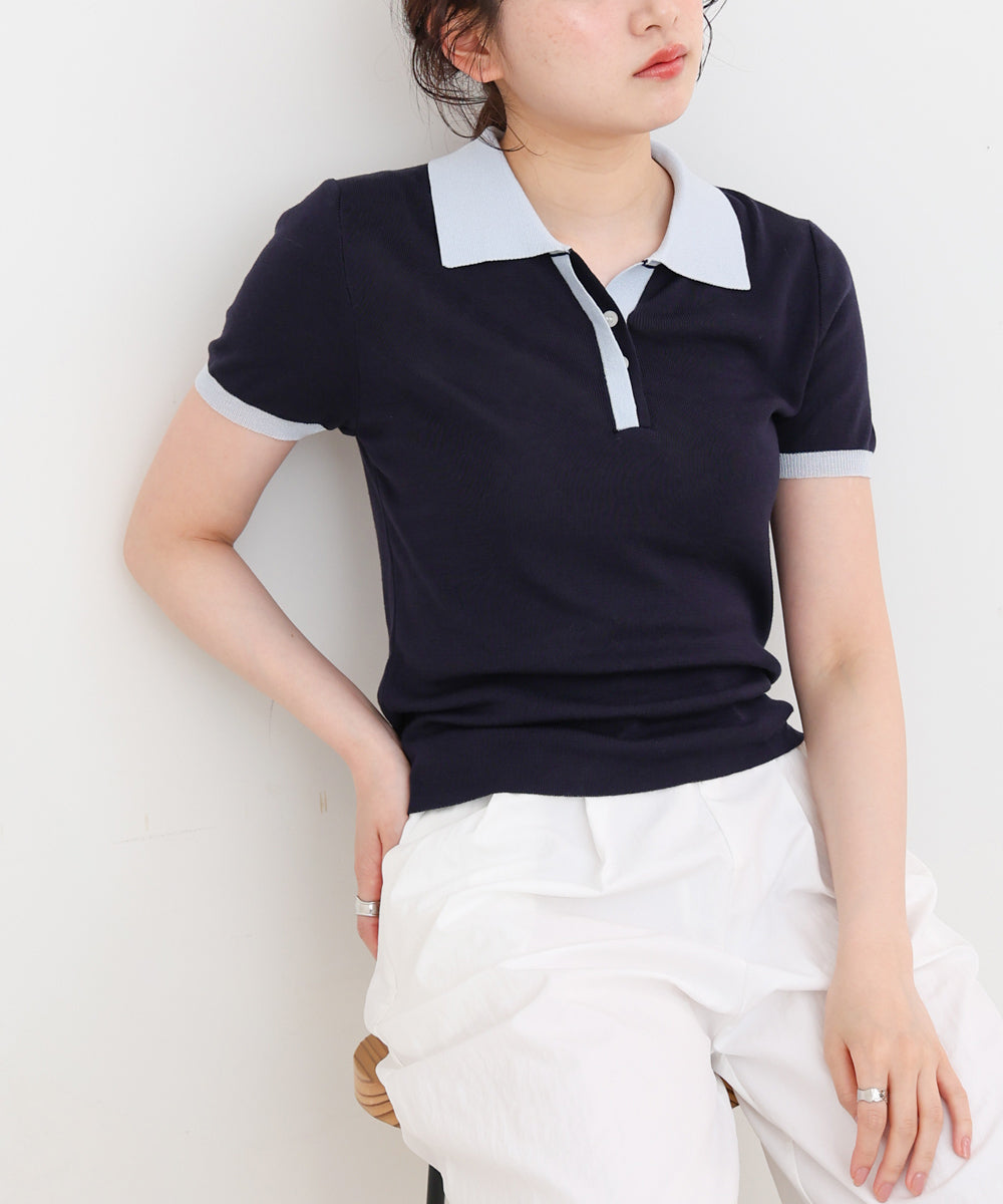配色ポロ衿ニットプルオーバー