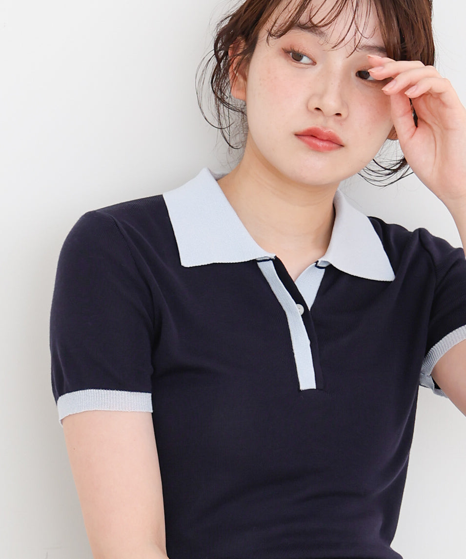 配色ポロ衿ニットプルオーバー