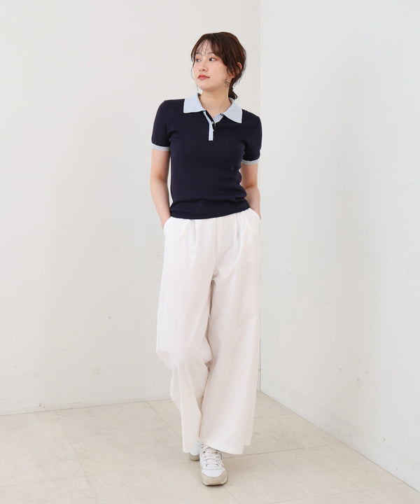 配色ポロ衿ニットプルオーバー