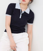 配色ポロ衿ニットプルオーバー