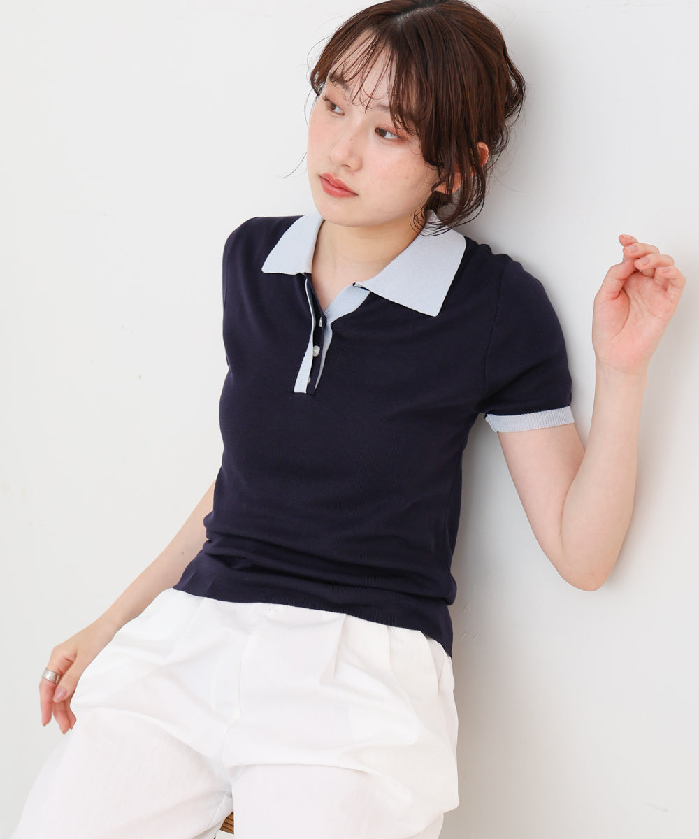 配色ポロ衿ニットプルオーバー