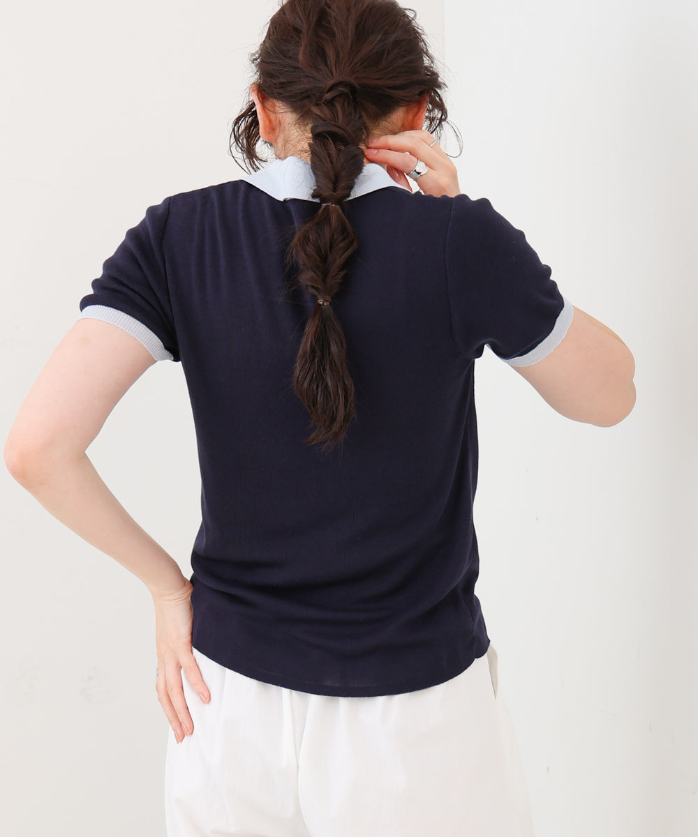 配色ポロ衿ニットプルオーバー