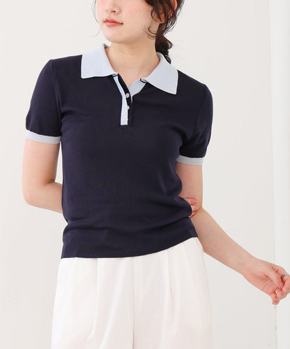 配色ポロ衿ニットプルオーバー