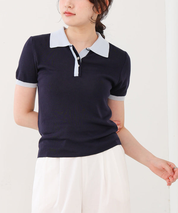 配色ポロ衿ニットプルオーバー