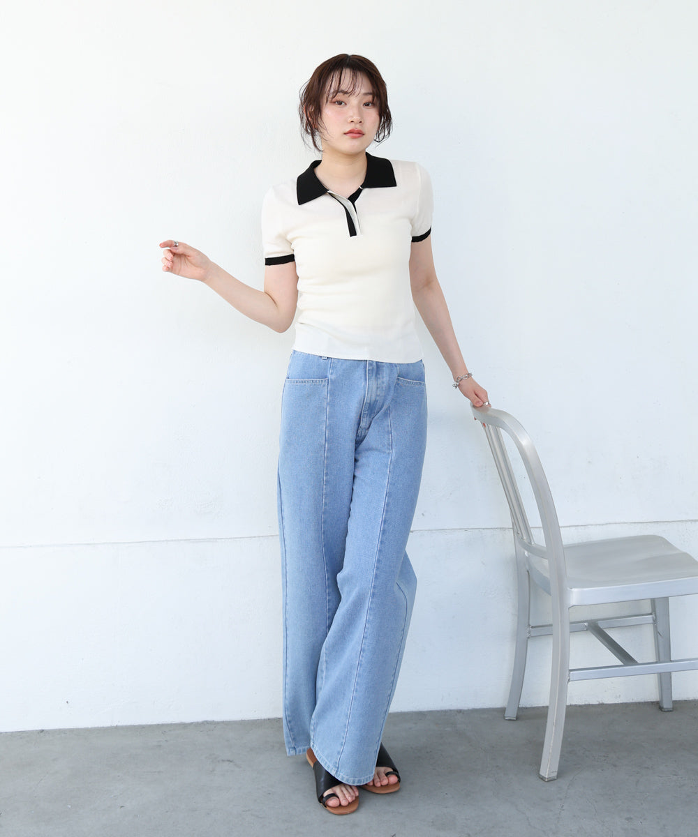 配色ポロ衿ニットプルオーバー