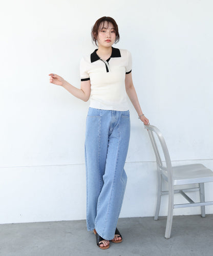 配色ポロ衿ニットプルオーバー