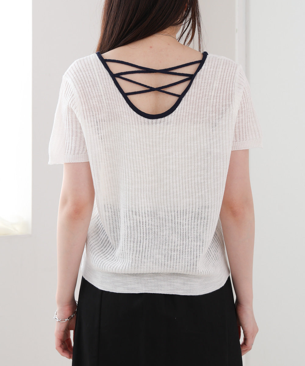 レースアップサマーニットトップス