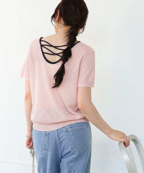 レースアップサマーニットトップス