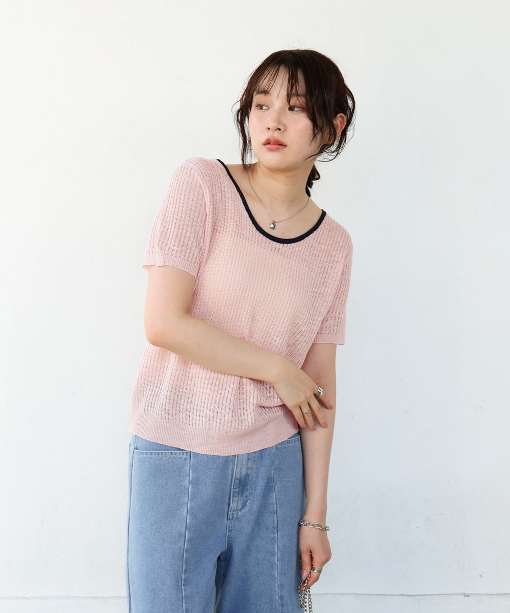 レースアップサマーニットトップス