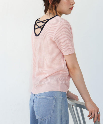 レースアップサマーニットトップス