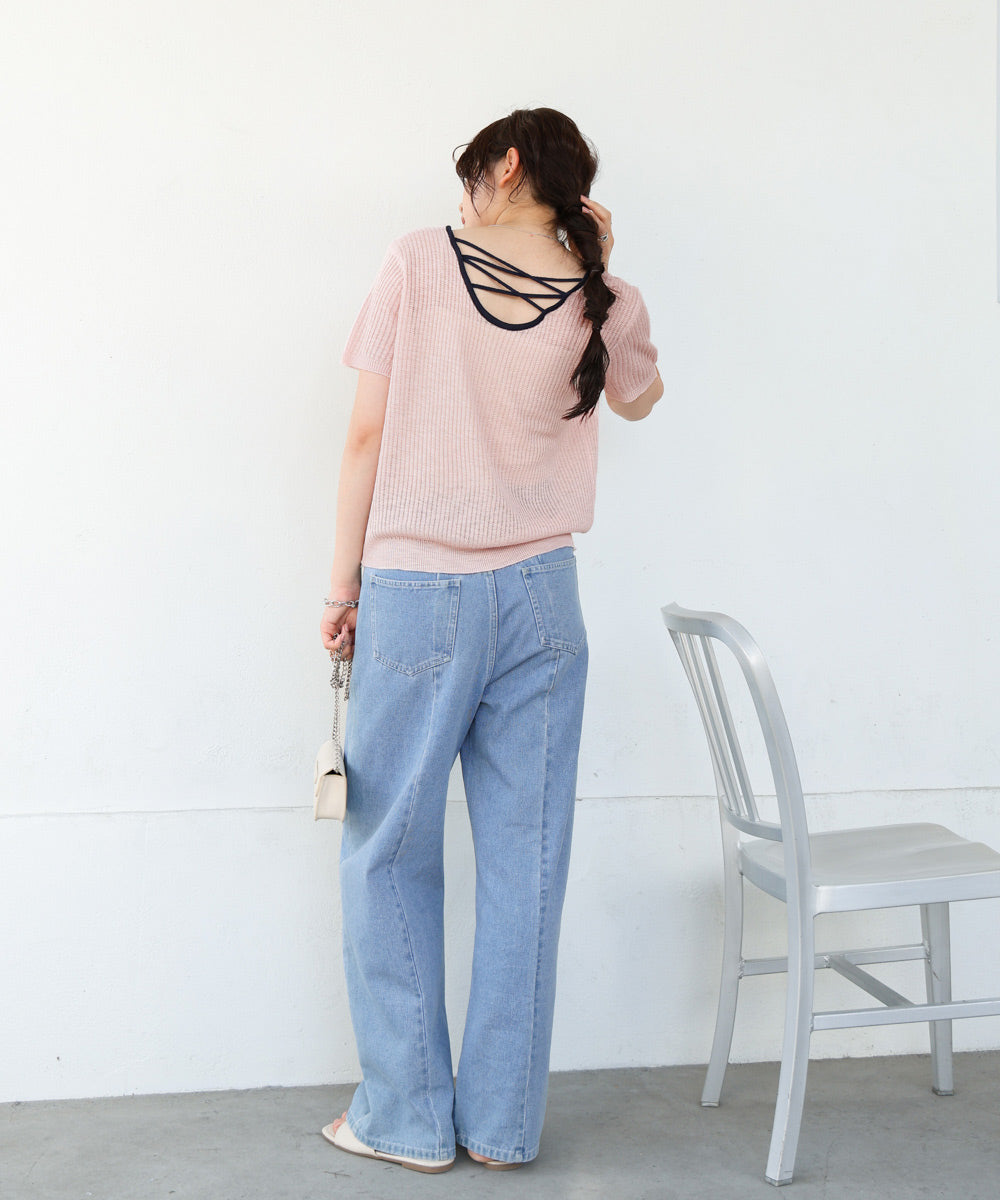 レースアップサマーニットトップス